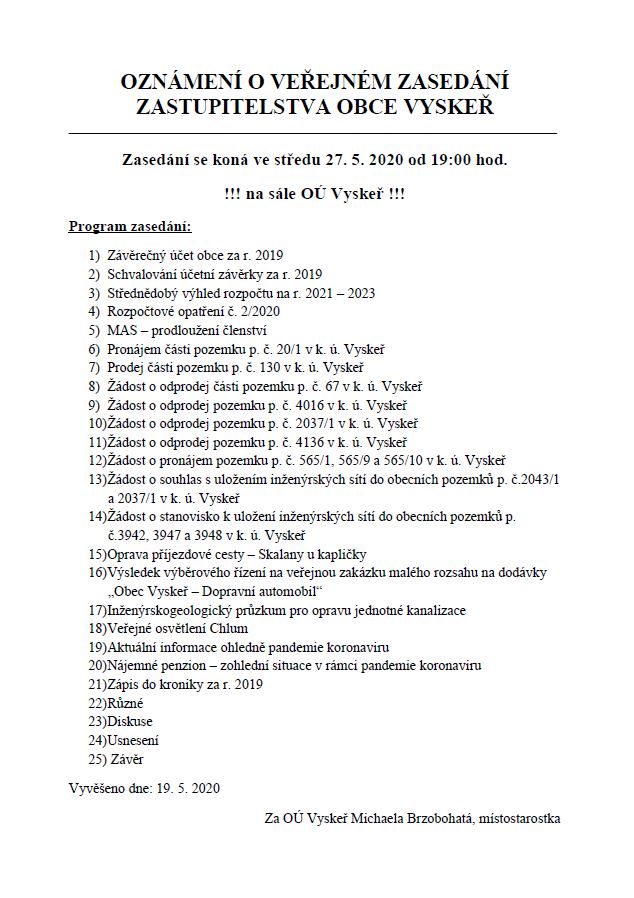 Pozvánka na ZO 27.5.2020